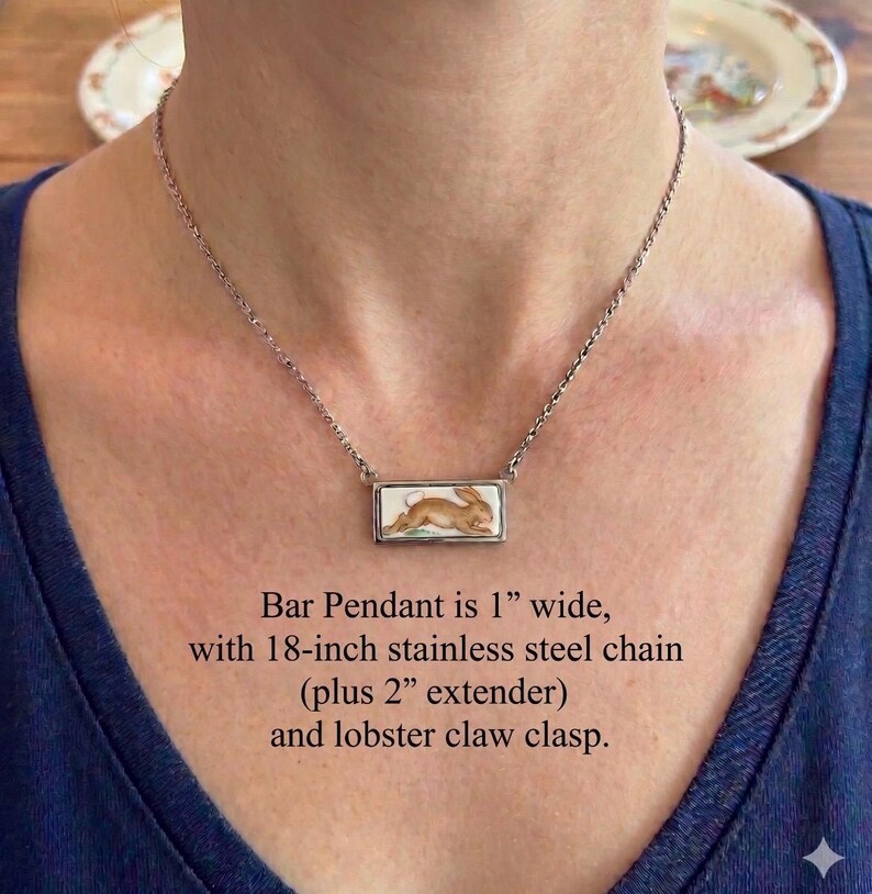 May include: A silver necklace with a rectangular pendant featuring a brown rabbit illustration. The pendant is 1 inch wide and hangs from an 18-inch stainless steel chain with a 2-inch extender and lobster claw clasp.