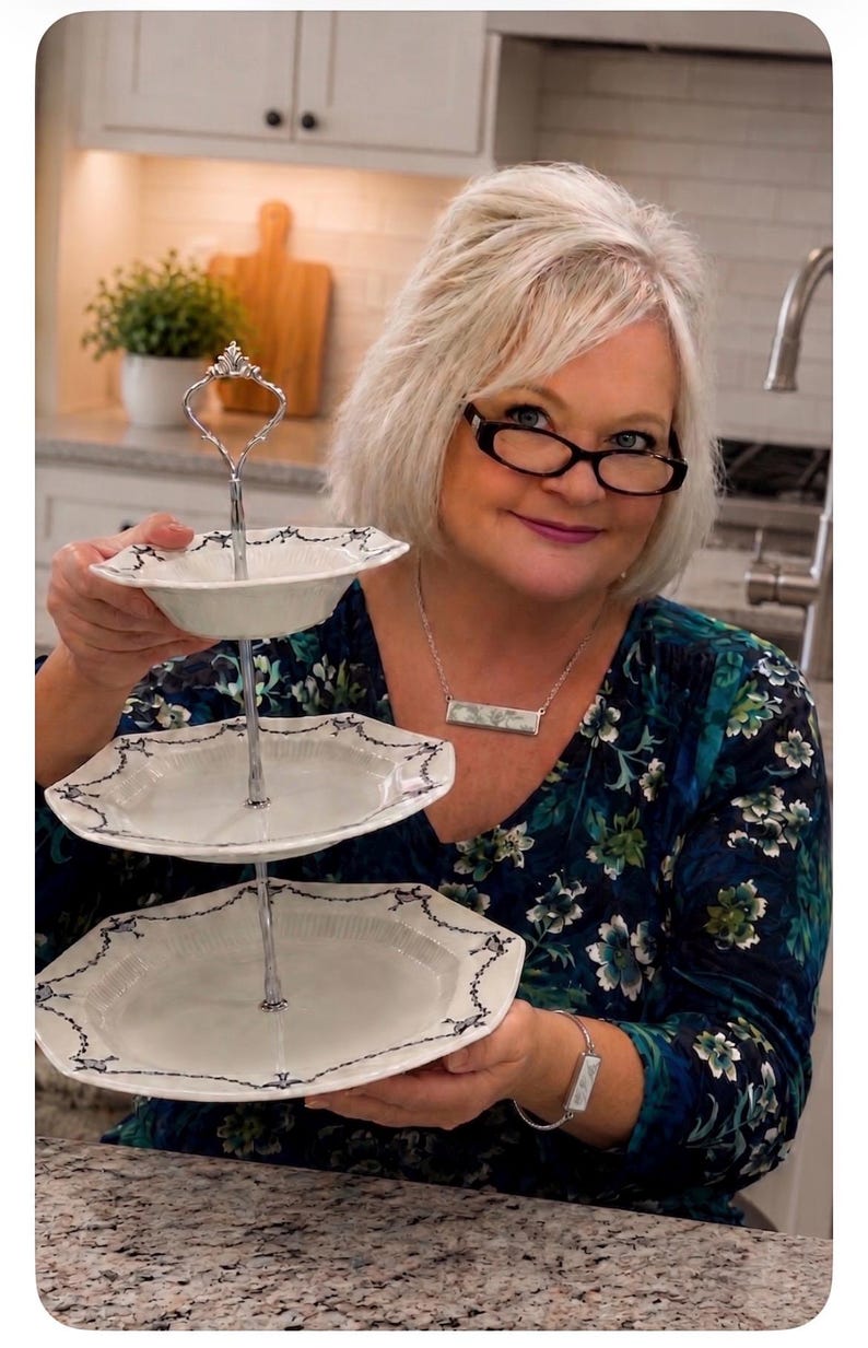 May include: A three-tiered serving tray with white porcelain plates and a silver metal handle. Each plate has a scalloped edge with a dark blue floral design. The tray is ideal for serving desserts or appetizers.
