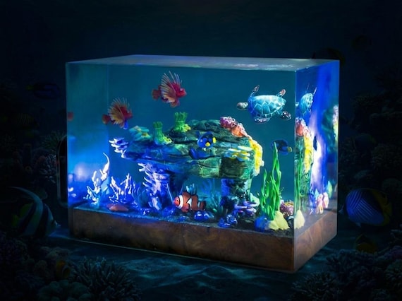 Handmade Coral Reef Resin Lamp, Clownfish and Sea Turtle Night Light, Ocean LED Lamp, Aquarium Resin Lamp, Marine Life Decor