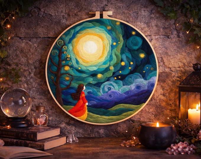 Featured listing image: Starry Night Needle Felting Kit for Beginners – DIY Wool Painting Craft Kit, Felting Art Set