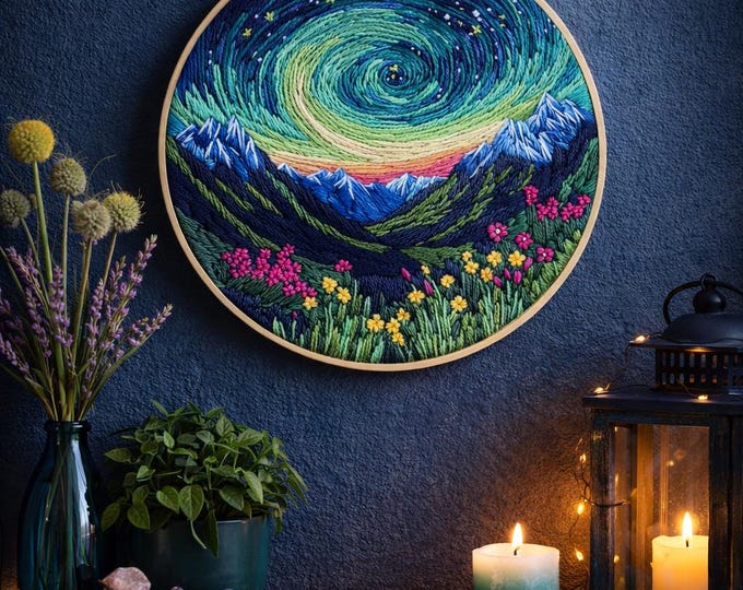 Featured listing image: Embroidery kit-northern lights for beginners: hoop mountain landscape, starry night