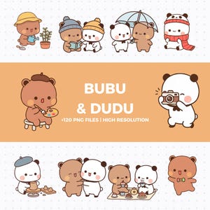 May include: A collection of cartoon illustrations featuring bears and pandas in various poses. Some characters are wearing hats and scarves, holding objects like a camera, umbrella, and book. The text "BUBU & DUDU" is displayed with "+120 PNG FILES | HIGH RESOLUTION".