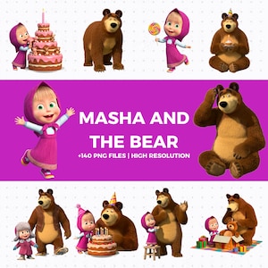 May include: A collection of digital illustrations featuring characters from "Masha and the Bear." The images include Masha in a pink dress and headscarf, and a brown bear. Some images show the characters with a birthday cake and gifts. Text on a purple background reads "MASHA AND THE BEAR."