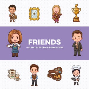 Friends Clipart PNG Bundle – 90s Series Art (Digital Download) – Friends Theme PNG Bundle – Birthday, Stickers, Invitations, Freebie