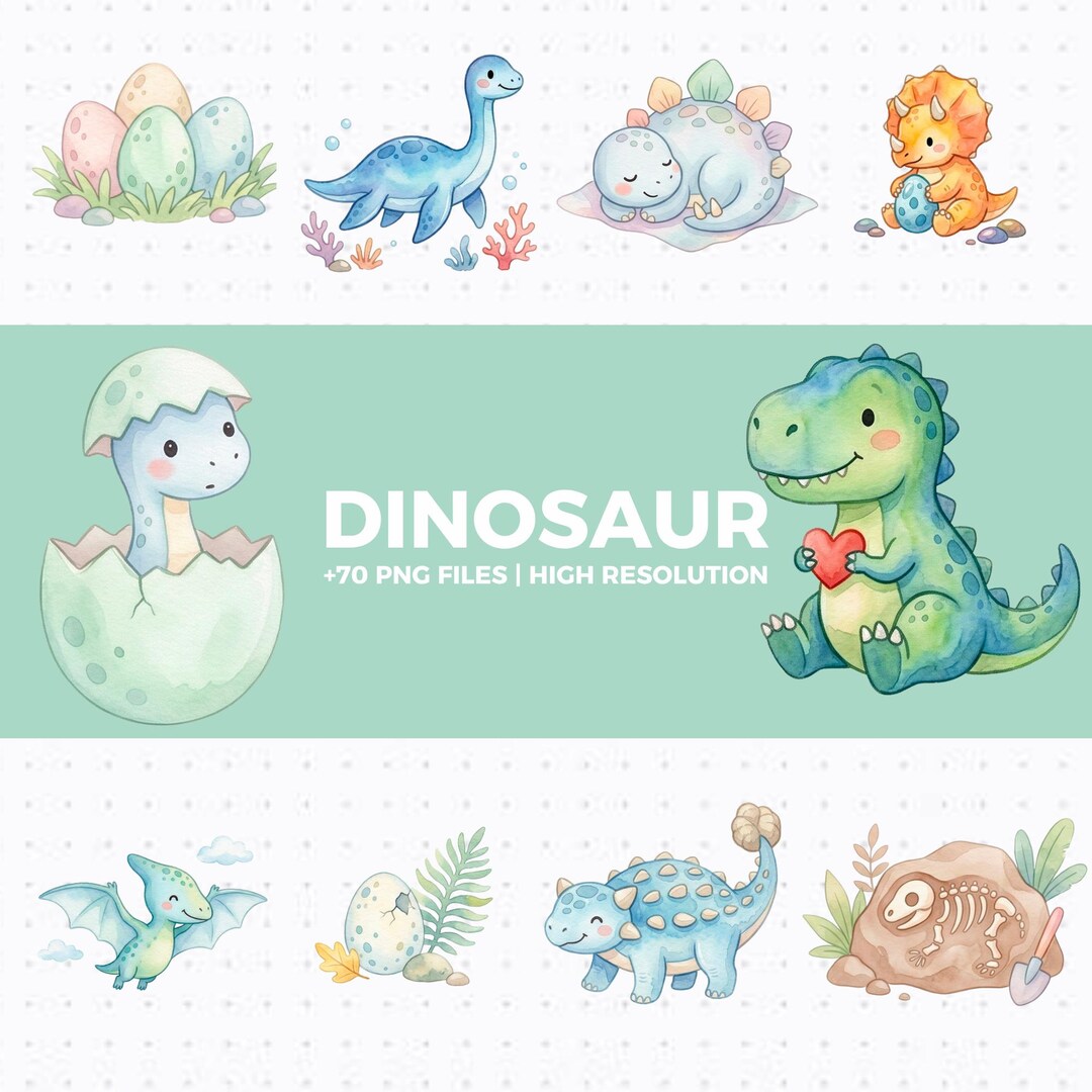 Cute Watercolor Dinosaur Clipart for Nursery Decor PNG Bundle – Baby ...
