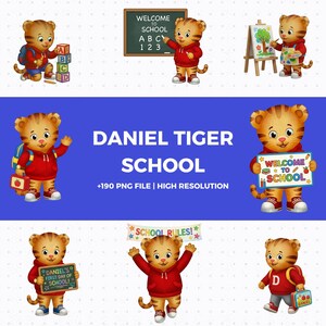 Puede incluir: Una colecci&oacute;n de gr&aacute;ficos con el tema de la escuela Daniel Tiger. Las im&aacute;genes presentan a Daniel Tiger en varios entornos escolares, incluyendo la sujeci&oacute;n de carteles que dicen "&iexcl;Bienvenido a la escuela!" y "&iexcl;El primer d&iacute;a de escuela de Daniel!". Las im&aacute;genes tambi&eacute;n incluyen bloques ABC y una pizarra.
