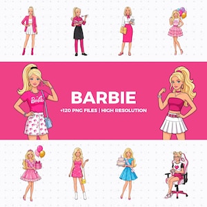 Puede incluir: Ilustración digital con múltiples personajes de Barbie en varios atuendos y poses. La imagen central muestra la palabra "BARBIE" en letras mayúsculas blancas sobre un fondo rosa, con el texto "+120 PNG FILES | HIGH RESOLUTION" debajo.