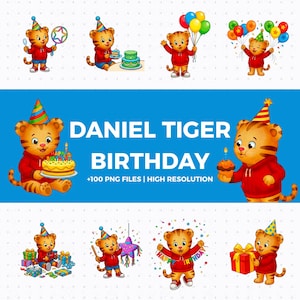 Paquete de imágenes prediseñadas PNG de cumpleaños de Daniel Tiger – Arte para fiestas (Descarga digital)