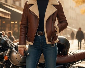 Chaqueta de aviador de cuero marrón para mujer – Abrigo de motorista con cuello de borrego