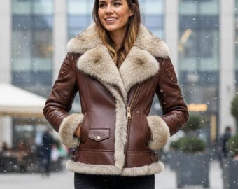 Women’s Faux Fur Lined Leather Jacket – Brown Winter Coat, Soft, Warm & Trendy