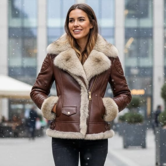 【BROWN】Fur lining faux leather jkt Women's Faux Fur Lined Leather Jacket – Brown Winter Coat, Soft