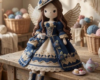 Schema PDF per bambola angelo all'uncinetto, bambola amigurumi fata vittoriana, principessa cottagecore all'uncinetto, tutorial per un regalo prezioso