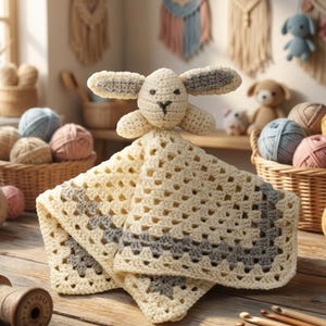 Könnte beinhalten: Ein cremefarbenes Häkel-Schmusetuch mit einem Hasenkopf mit langen Ohren und einem quadratischen Granny-Square-Deckenkörper. Die Decke hat eine cremefarbene Mitte mit einem grauen Rand. Der Hasenkopf hat gestickte Gesichtszüge aus braunem Garn.