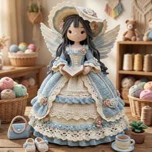 Könnte beinhalten: Eine handgefertigte Häkelpuppe mit langem dunklem Haar, bekleidet mit einem hellblauen und cremefarbenen, mehrlagigen Kleid mit Blumenverzierungen, einem breitkrempigen Hut und großen Flügeln. Die Puppe hält ein kleines offenes Buch in den Händen.