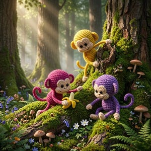 Könnte beinhalten: Drei gehäkelte Affen-Spielzeuge in Gelb, Pink und Lila, jeweils mit einem cremefarbenen Gesicht und Ohren. Der pinke Affe hält eine kleine gelbe gehäkelte Banane. Die Affen befinden sich auf einem moosigen Baumstamm mit kleinen Pilzen und Blumen.