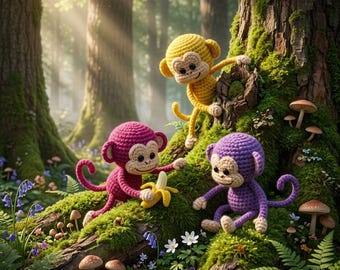 May include: Three crocheted monkey toys in yellow, pink, and purple, each with a cream-colored face and ears. The pink monkey holds a small yellow crocheted banana. The monkeys are positioned on a mossy tree trunk with small mushrooms and flowers.