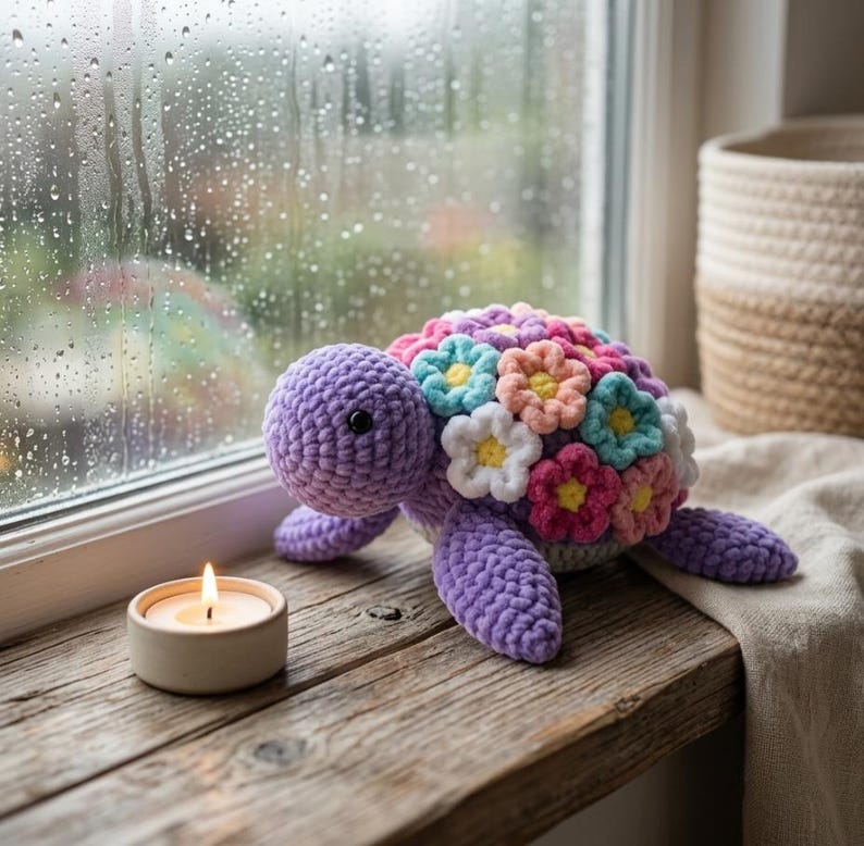 May include: A crocheted turtle plush toy with a purple head and limbs, featuring a shell decorated with numerous small, multi-colored yarn flowers in shades of pink, blue, white, and yellow, positioned next to a small lit candle.