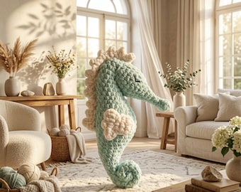 Può includere: Un grande peluche a forma di cavalluccio marino lavorato all'uncinetto, di colore verde menta chiaro con pinna dorsale e laterale color crema. Il cavalluccio marino ha una coda arricciata e occhi chiusi ricamati, in filato spesso.