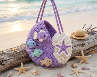 May include: A round, purple crocheted bag featuring two long handles and a cream-colored side panel. The bag is decorated with small, crocheted aquatic creatures including four fish in various colors and a large, purple-centered starfish applique.