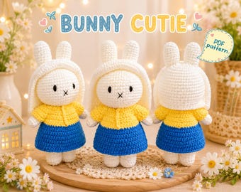 Può includere: Tre bambole coniglio all'uncinetto con teste bianche e orecchie lunghe, che indossano top gialli e gonne blu. Il testo BUNNY CUTIE è visualizzato in alto e un fumetto con il testo PDF pattern è visibile sul lato destro dell'immagine.