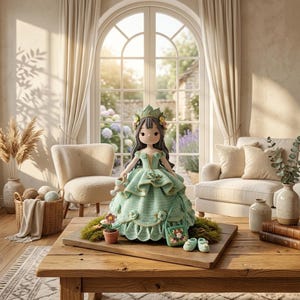 Könnte beinhalten: Eine gehäkelte Puppe in einem minzgrünen Kleid mit gerüschten Lagen und Blumenakzenten, dazu eine passende Krone und dunkles Haar. Die Puppe wird von einer kleinen Topfblume, einer Miniaturhandtasche und einem Paar kleiner Schuhe auf Holz begleitet.