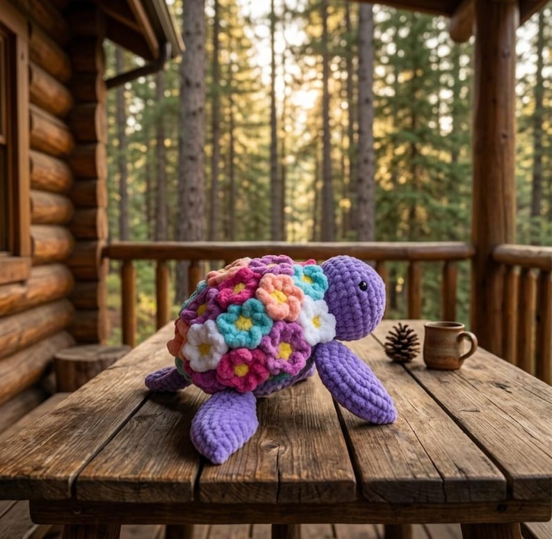 May include: A plush turtle toy crafted from purple yarn, featuring a shell decorated with numerous small, multi-colored crocheted flowers in shades of pink, white, blue, and yellow. The turtle has a rounded head with black bead eyes.