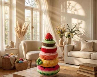 Può includere: Un giocattolo impilabile all'uncinetto composto da cinque segmenti circolari a forma di anello di vari colori, tra cui rosso, arancione, giallo e verde, sormontato da un piccolo pezzo a forma di fragola rossa con foglie verdi.