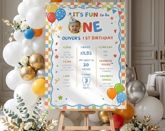 Editable 1st Birthday Milestone Stats Sign | Fun to be One Photo Poster (18x24 Inches)
