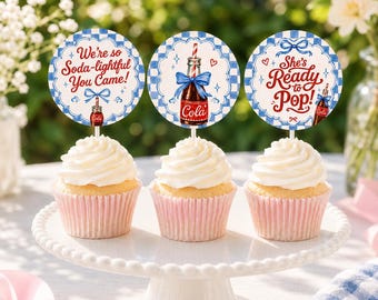 Decorazioni per cupcake a tema "She's Ready to Pop" e "Dirty Soda" per baby shower (modello Canva modificabile)