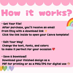May include: A pink graphic with the text "How it works?" and instructions for downloading and editing a Canva template. Includes a rainbow, sun, and heart graphics. The steps are: Get Your File, Edit Your Way, and Save & Download.