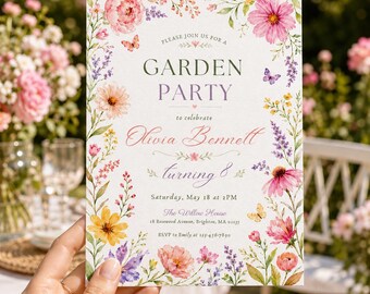 Puede incluir: Una invitación floral a una fiesta en el jardín con el texto "GARDEN PARTY" y "Olivia Bennett turning 8". La invitación está rodeada de flores de acuarela en rosa, amarillo y morado, con mariposas.