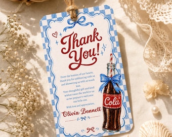 Etiqueta de agradecimiento para baby shower de niño, recuerdo de refresco azul, tema "Listo para explotar"