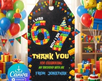 Puede incluir: Una etiqueta negra con el texto "I WAS 67 NOW I AM" y "THANK YOU FOR CELEBRATING MY BIRTHDAY WITH ME FROM JONATHAN". Los números están hechos de bloques de juguete coloridos. El fondo incluye globos y bloques.