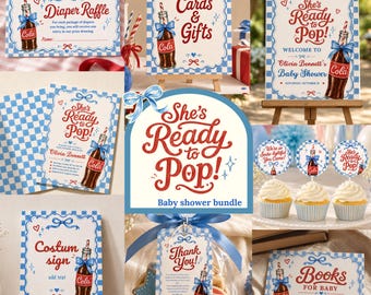 Puede incluir: Un conjunto de papelería para baby shower con temática de botella de refresco roja y azul y borde de cuadros azules. Incluye letreros para rifa de pañales, tarjetas, regalos, libros para el bebé, etiquetas de agradecimiento y adornos.