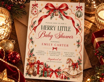 Puede incluir: Una tarjeta de invitación para baby shower de color crema con un borde de cinta roja, estrellas doradas, un oso de peluche, un caballito de madera y regalos. El texto dice: Please join us for a Merry Little Baby Shower honoring Emily Carter.