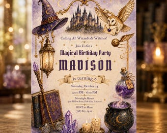 Puede incluir: Una tarjeta de invitación de cumpleaños rectangular con temática morada y dorada, ilustrada con un sombrero de mago, un castillo, un búho, una poción, un caldero, libros, cristales y velas. El texto dice: Calling All Wizards & Witches! Join Us for a Magical Birthday Party MADISON is turning 6 Saturday, October 24 4:00 PM - 6:00 PM Moonlight Manor 456 Willow Lane, Pink City, LA 9057 RSVP to Mom (718) 813-5422.