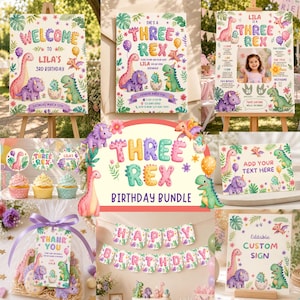 May include: A dinosaur-themed birthday party bundle featuring signs, banners, and cupcake toppers with pastel illustrations of dinosaurs, tropical leaves, and balloons. Text includes Welcome to Lila's 3rd Birthday, She's a Three Rex, and Happy Birthday.