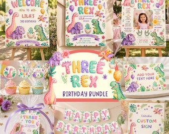 Puede incluir: Un conjunto de decoración de cumpleaños con temática de dinosaurios que incluye carteles, pancartas y adornos para cupcakes con ilustraciones en tonos pastel de dinosaurios, hojas tropicales y globos. El texto incluye Welcome to Lila's 3rd Birthday, She's a Three Rex y Happy Birthday.