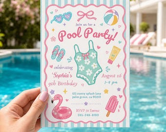 Invitación de cumpleaños para fiesta en la piscina, plantilla para fiesta de verano en la piscina (descarga digital)