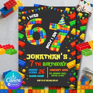 レゴバースデー招待状 7歳パーティー 編集可能 Canva キッズブロックテーマ カラフルな誕生日招待状