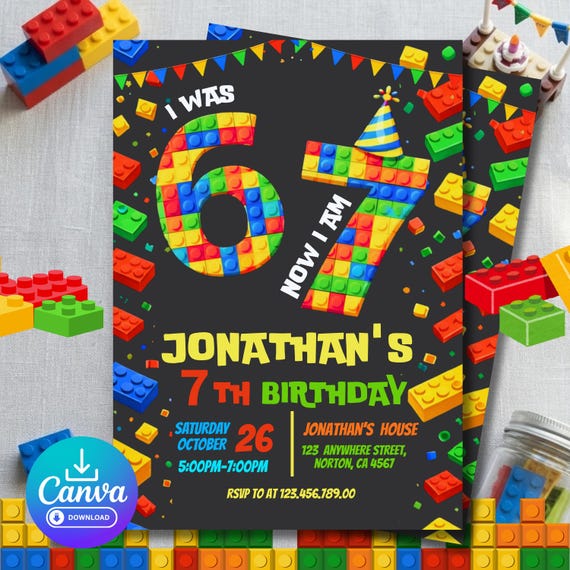 Lego Birthday Invitation 7th Party Editable Canva Kids Block Theme Colorful Birthday Invite