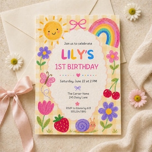 May include: A whimsical birthday invitation with a yellow gingham background. The invitation features a smiling sun, rainbow, flowers, and the text "LILY'S 1ST BIRTHDAY." Additional text includes the date, time, location, and RSVP information.