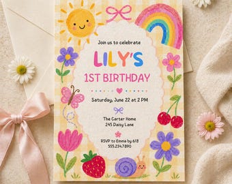 Puede incluir: Una invitación de cumpleaños caprichosa con un fondo de cuadros amarillos. La invitación presenta un sol sonriente, un arcoíris, flores y el texto "LILY'S 1ST BIRTHDAY". El texto adicional incluye la fecha, la hora, el lugar y la información de RSVP.