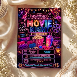 May include: A rectangular birthday invitation card featuring a neon-style movie night theme with text reading Maddison's Movie Night 8th Birthday, Saturday Sept 20, 6:30 PM to 11 PM, Maddison's Backyard, 622 Cinema Boulevard, Movie Hills, RSVP to Rebecca.