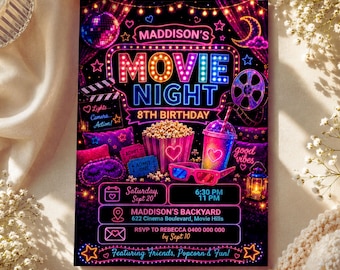 Puede incluir: Una tarjeta de invitación de cumpleaños rectangular con temática de cine neón y el texto Maddison's Movie Night 8th Birthday, Saturday Sept 20, 6:30 PM to 11 PM, Maddison's Backyard, 622 Cinema Boulevard, Movie Hills, RSVP to Rebecca.