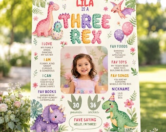 Letrero de cumpleaños con diseño de dinosaurios Three Rex, letrero para la fiesta del tercer cumpleaños de una niña (descarga digital)