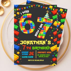 May include: A black birthday invitation with colorful block-style numbers and text. The invitation reads "Jonathan's 7th Birthday" with date, time, and location details. The design includes scattered block graphics.