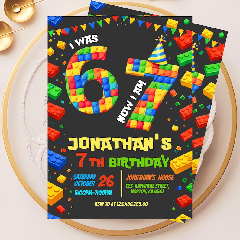 May include: A black birthday invitation with colorful block-style numbers and text. The invitation reads "Jonathan's 7th Birthday" with date, time, and location details. The design includes scattered block graphics.