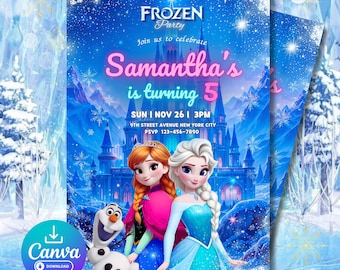 Puede incluir: Una invitación a una fiesta temática de Frozen con un fondo de paisaje invernal azul y blanco. La invitación presenta el texto "Frozen Party" y "Samantha's is turning 5". La invitación también incluye la fecha, la hora y el lugar de la fiesta.