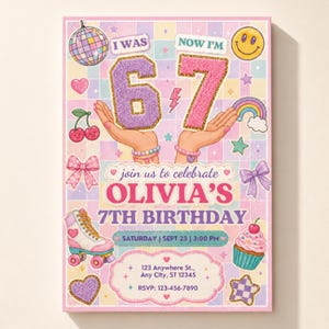 May include: A birthday invitation card featuring a pastel checkered background with the text I WAS 6 NOW I'M 7, join us to celebrate OLIVIA'S 7TH BIRTHDAY, SATURDAY | SEPT 23 | 3:00 PM, 123 Anywhere St., Any City, ST 12345, and RSVP: 123-456-7890.
